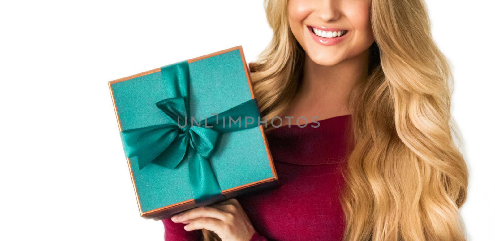 Birthday, Christmas or holiday present, happy woman holding a green gift or luxury beauty box subscription delivery isolated on white background, portrait