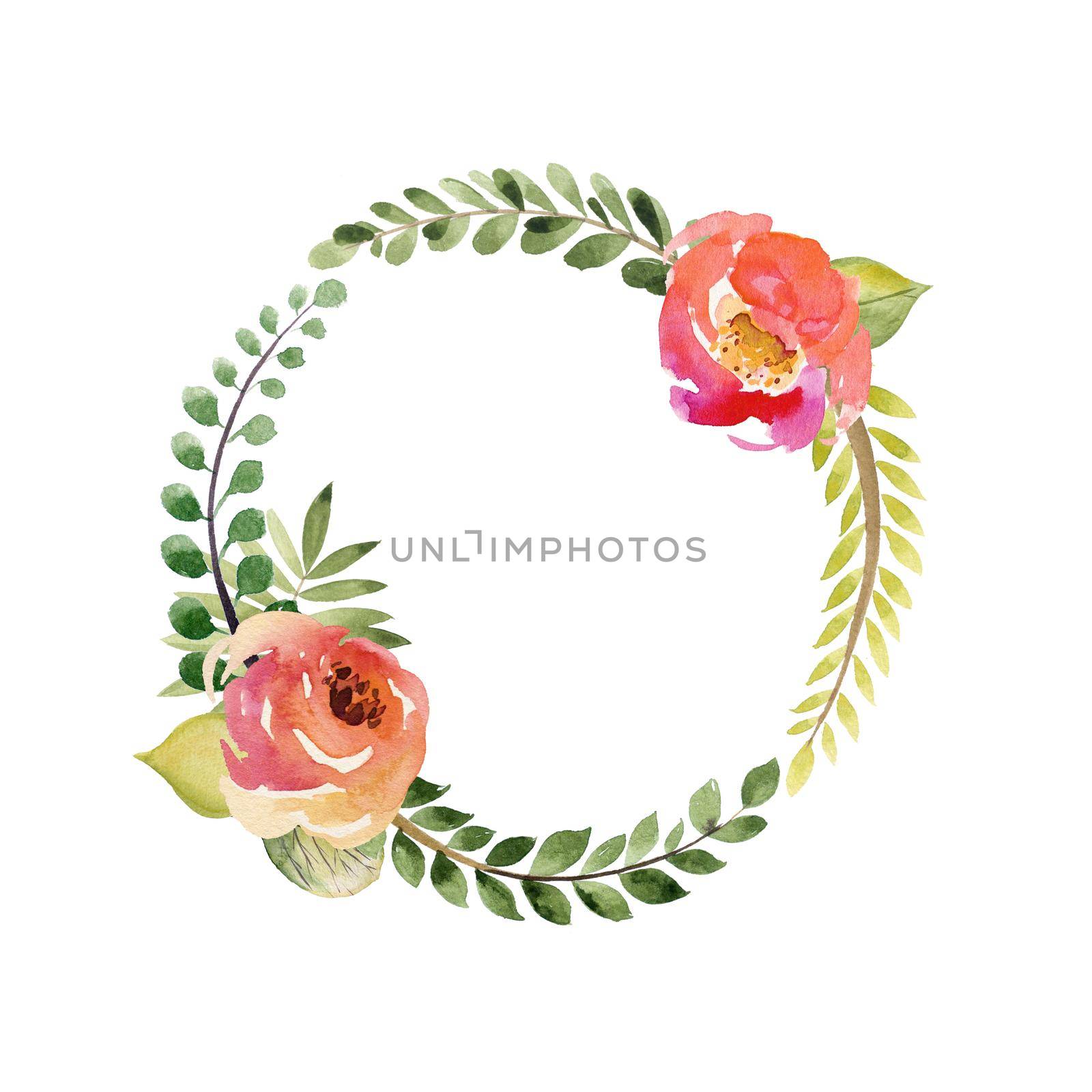 watercolor flower frame circle. Bouquet of flowers with leaves, illustration in watercolor style. Romantic design. by ANITA