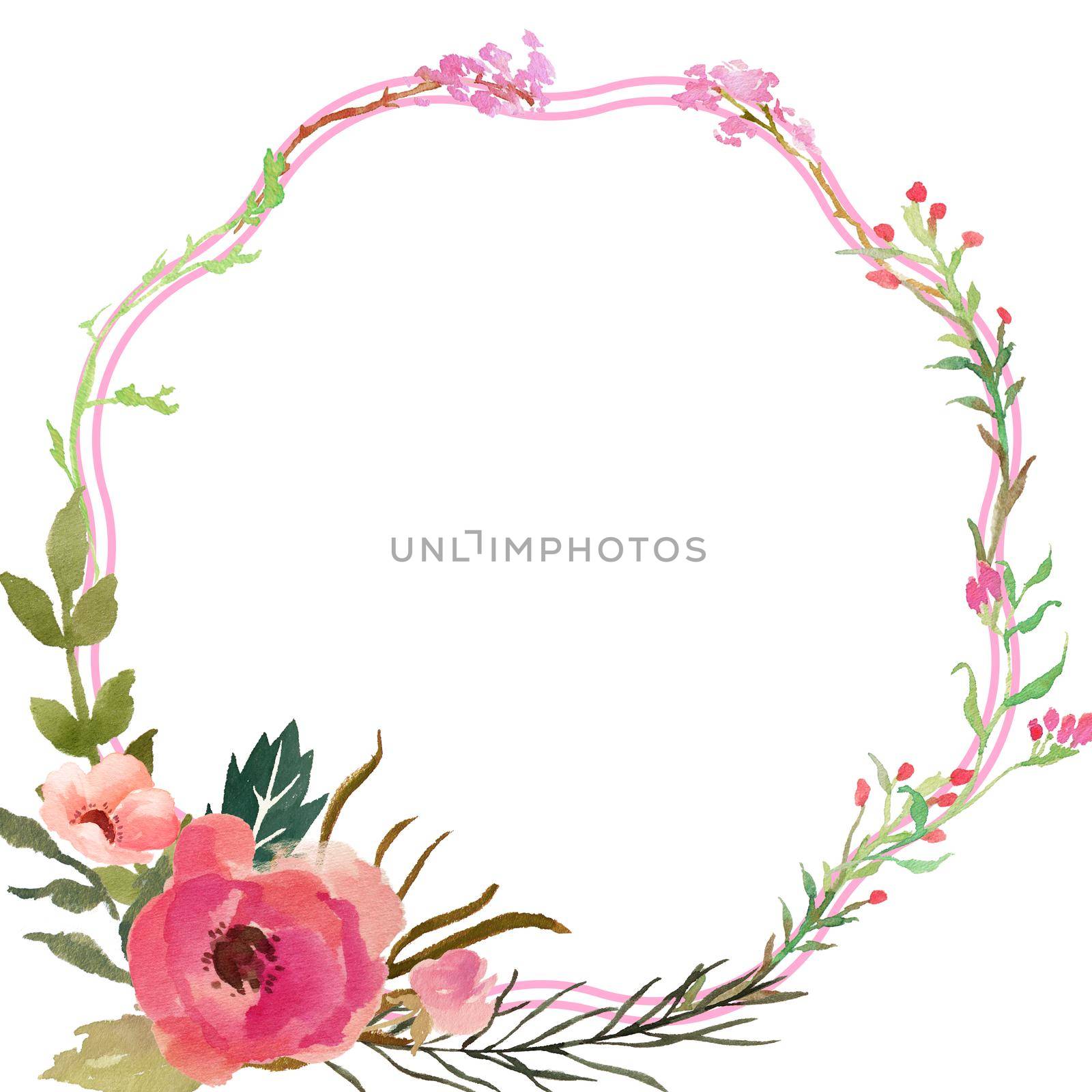 watercolor flower frame. watercolor wreath made in . Unique decoration for greeting cards, wedding invitations. Isolated floral design. by ANITA