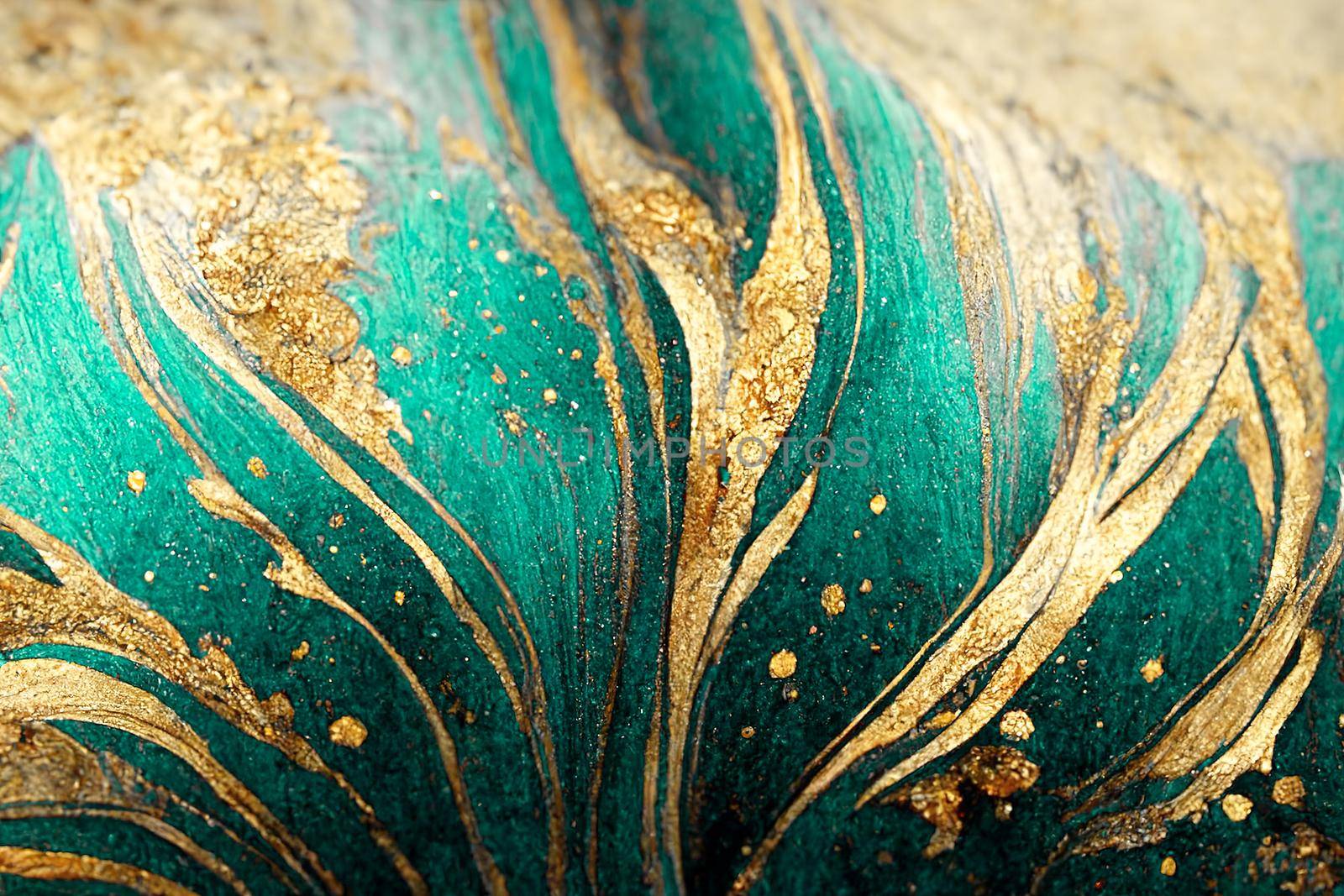 Spectacular dark teal and gold ink swirled around. Digital art 3D illustration. by biancoblue