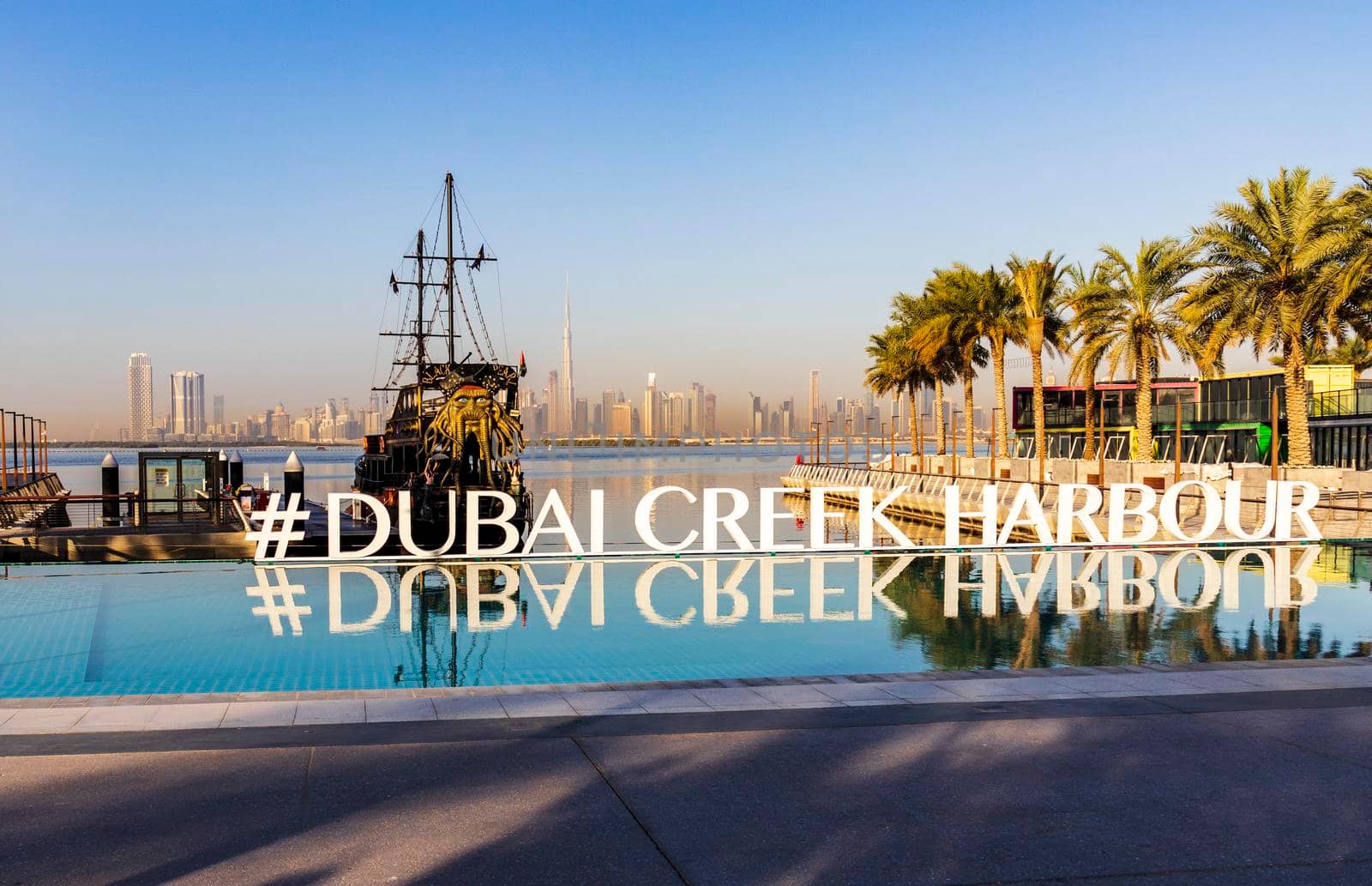 Dubai, UAE - 02.11.2022 - Replica of Black pearl pirate ship, used as a floating restaurant and docked in Dubai creek harbor.