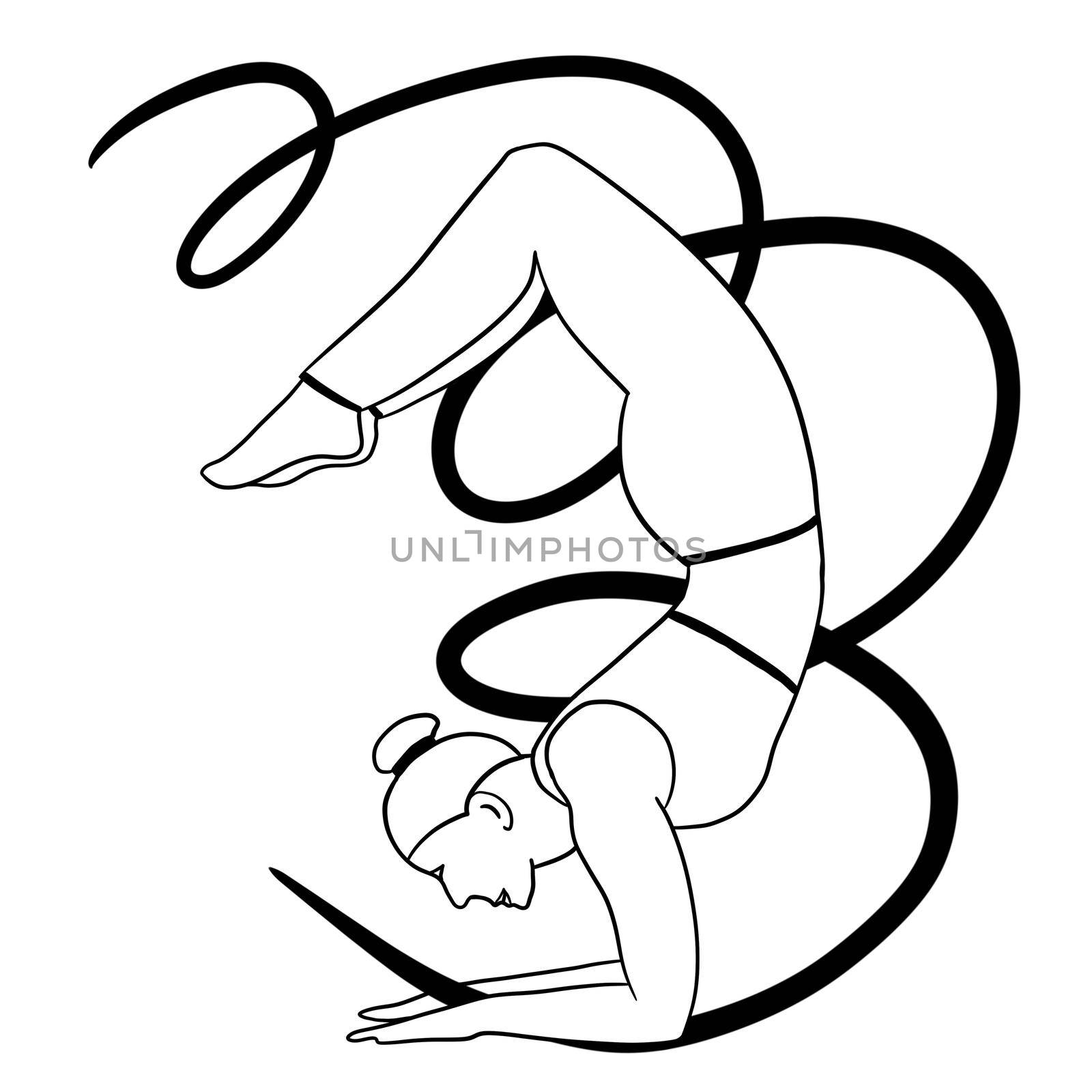 Hand drawn illustration of byoung slim woman in yoga pose. Modern black monochrome design for balance harmony wellness self help concept. Relaxation exercise fitness body sport gymnastics. by Lagmar