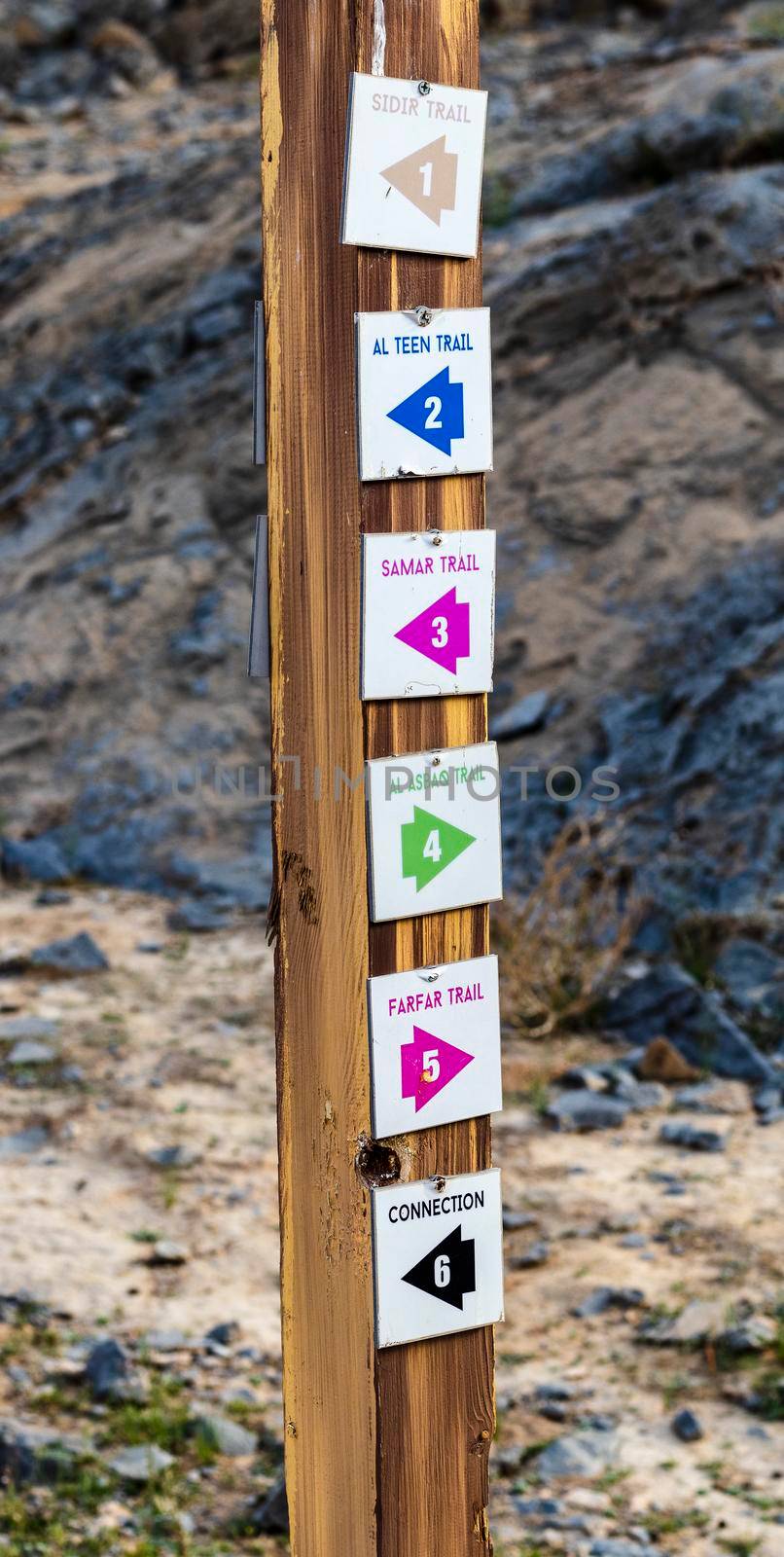 signboard with directions of the trails in the Jebel Jais mountains