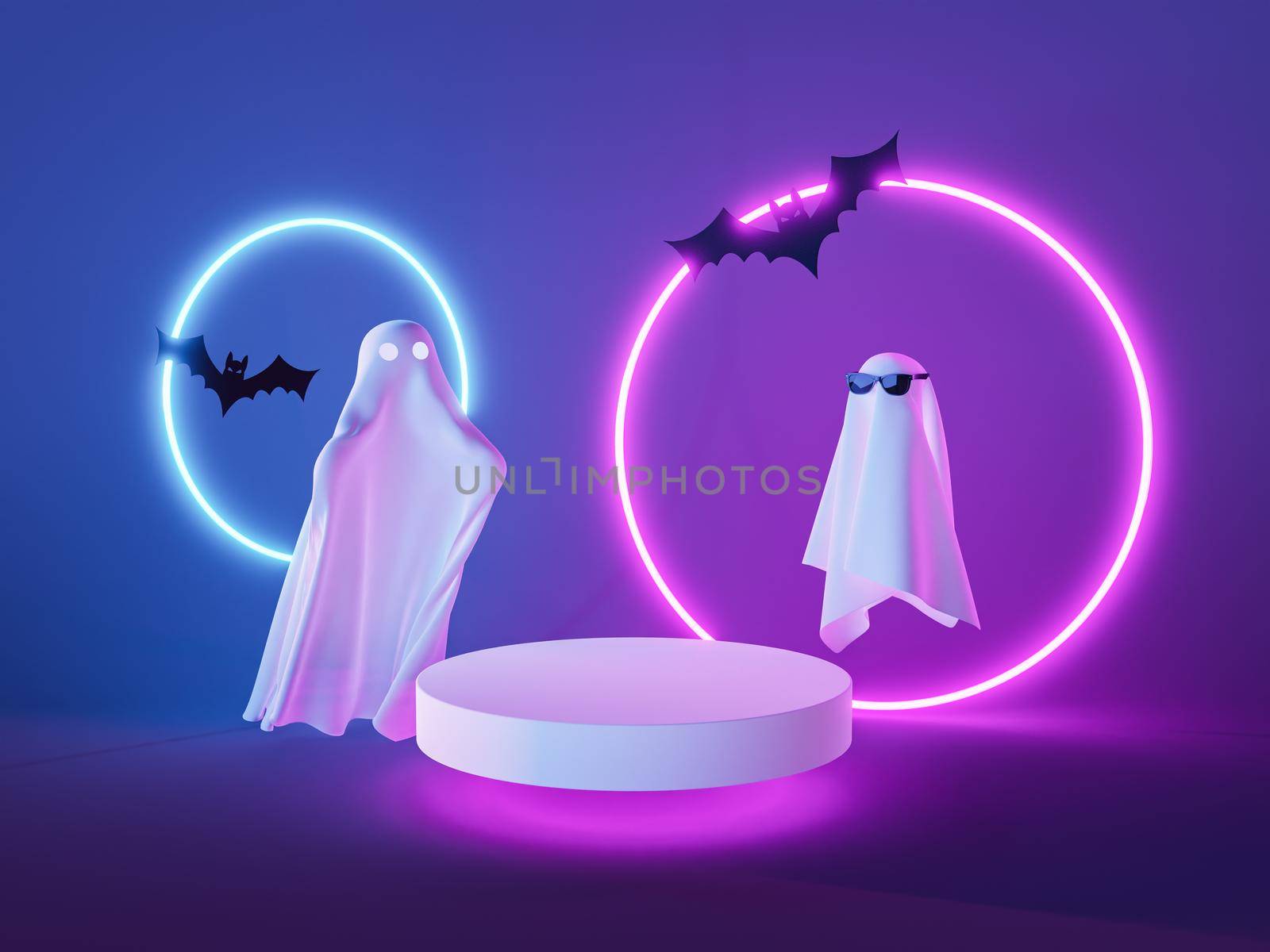 3D rendering of spooky white ghosts with black bats flying near illuminated neon ring lamps and stand against purple background