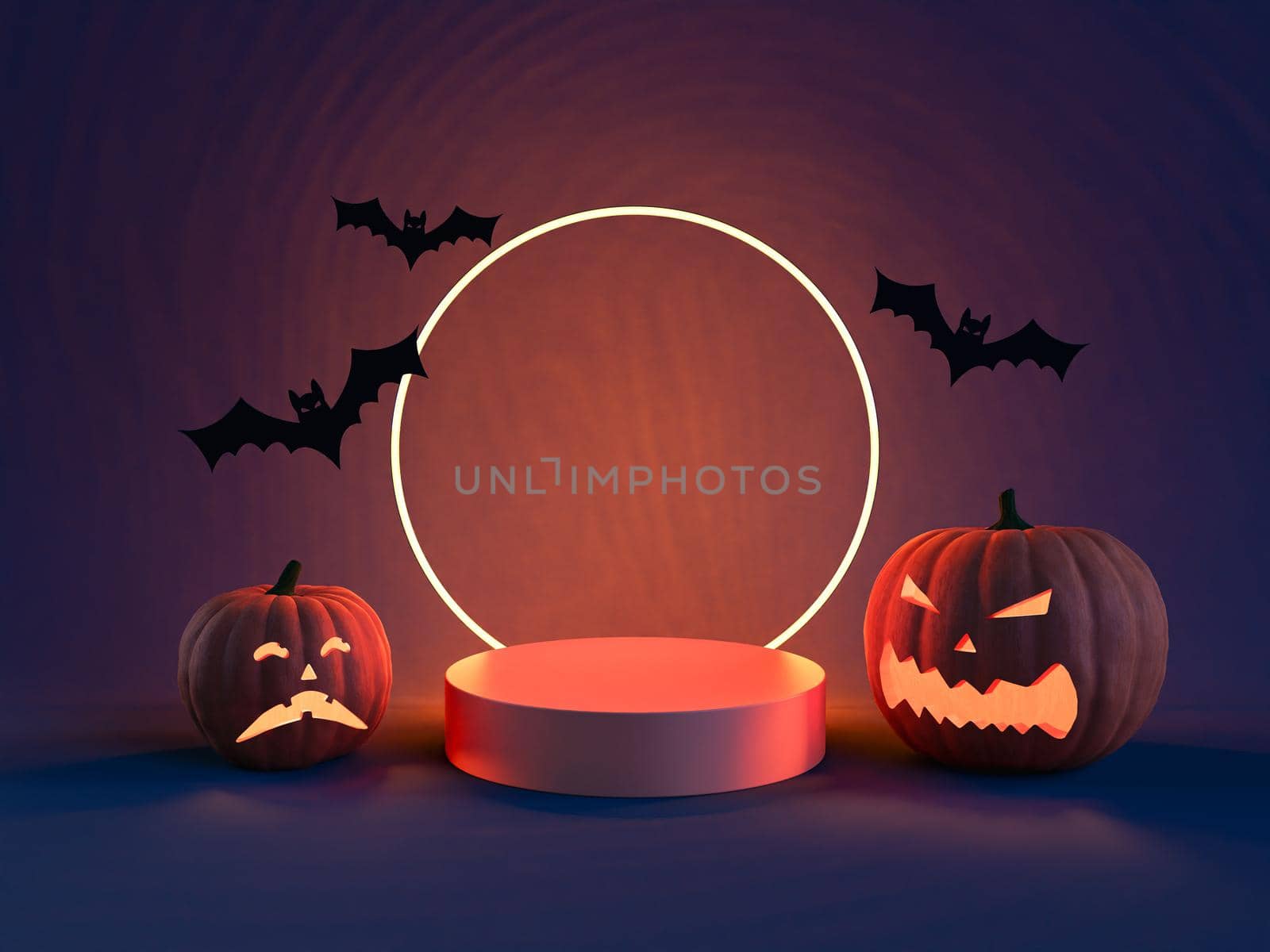 3D rendering of spooky jack o lanterns and artificial bats placed on table near illuminated neon ring and stand