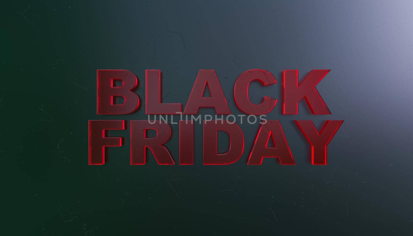 3D rendering of red glass letters of Black Friday inscription hanging on gray background