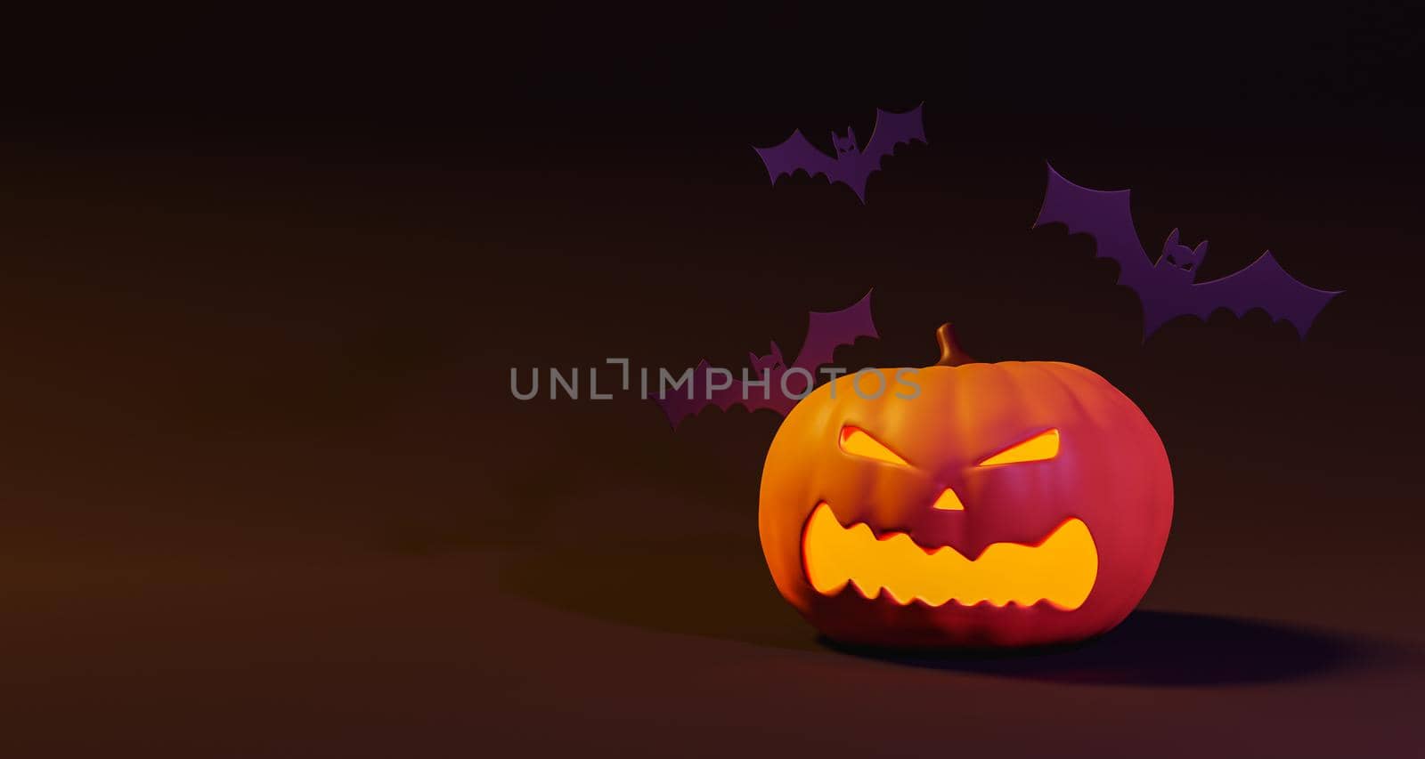 3D rendering of jack o lantern with angry face and bats against brown background during Halloween celebration
