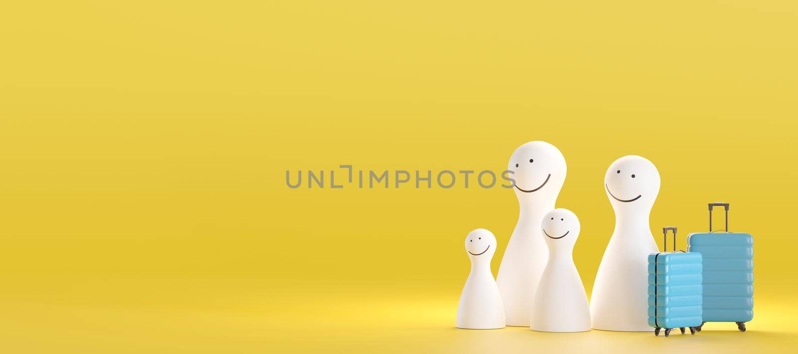 Happy family members with blue suitcases on yellow background. Holidays, tourism, travel. Tourists ready for a great vacation. Relax time. Flight. Colorful banner with copy space. 3d rendering. by creativebird