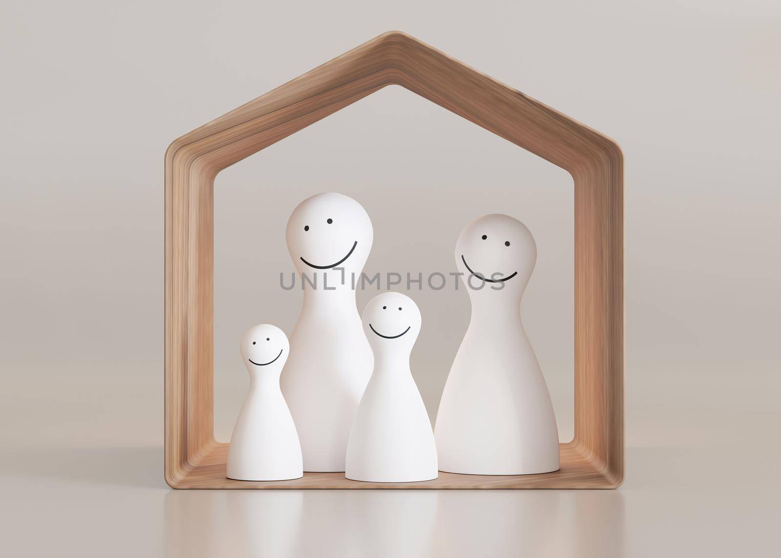 Wooden house and family figures on beige background. Insurance, homeless support, adoption concept. Buy or build a house. New property, mortgage, real estate. Home for sale. 3d rendering