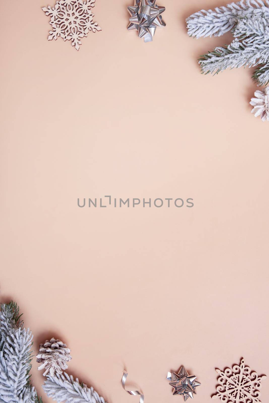 Christmas flat lay composition from snowflakes, cones, pine on colored background top view. Copy space by ssvimaliss