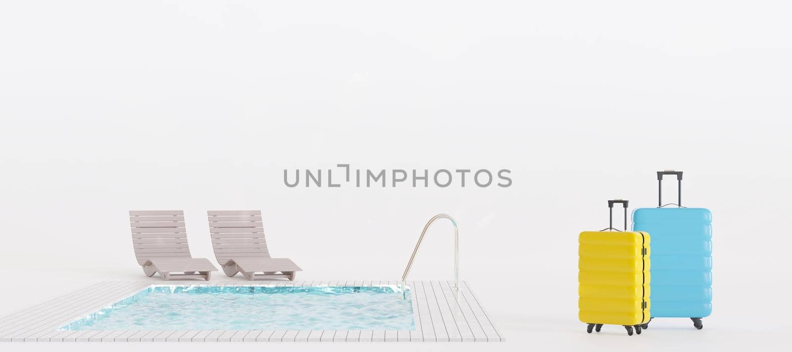 Suitcases and swimming pool on white background. Holidays, tourism, travel. Tourists, great vacation. Relax time. Couple. Colorful banner with copy space. 3d rendering
