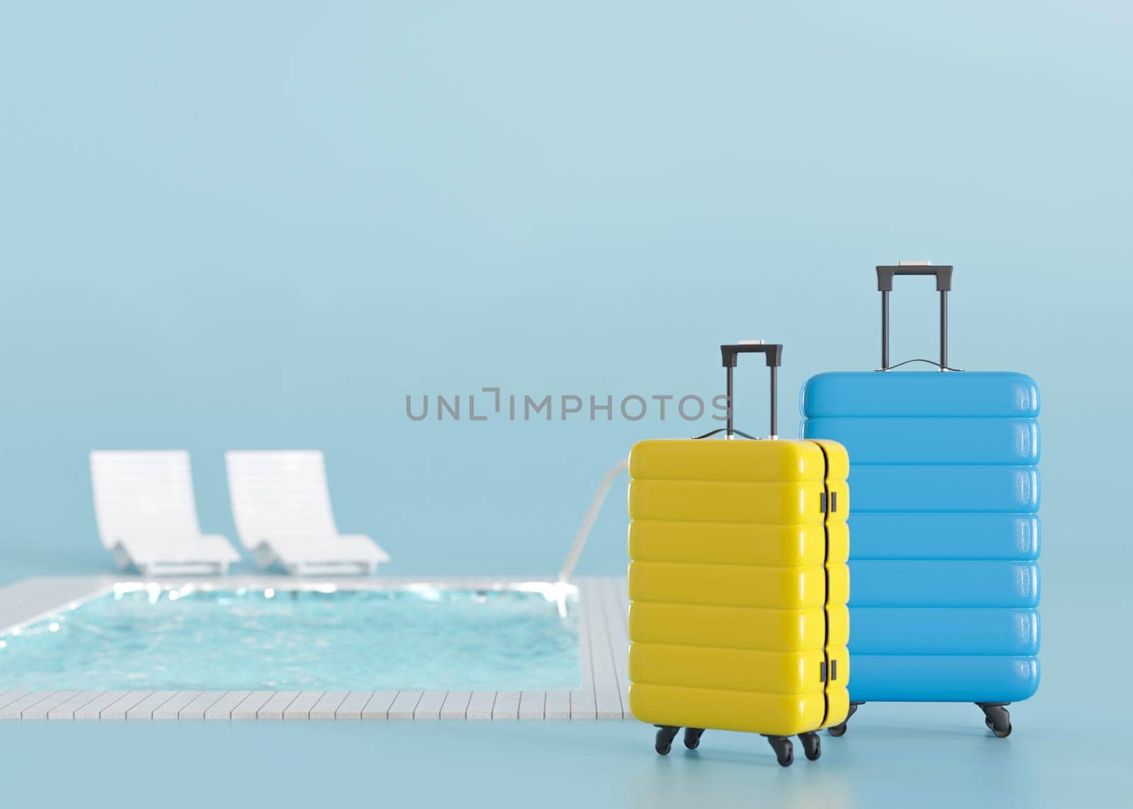 Suitcases and swimming pool on blue background. Holidays, tourism, travel. Tourists, great vacation. Relax time. Couple. Copy space for your text or logo. 3d rendering. by creativebird