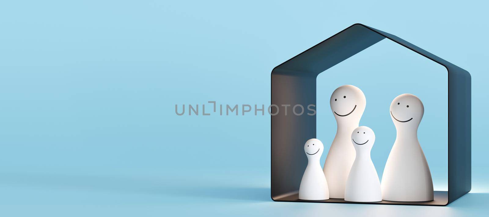 House and family figures on blue background. Insurance, homeless support, adoption concept. Buy or build a house. New property, mortgage, real estate. Home for sale. Banner with copy space. 3d render. by creativebird