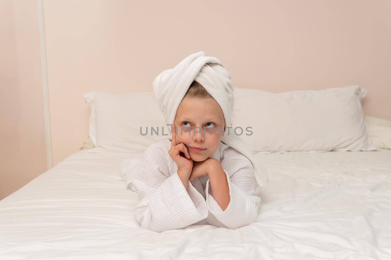 Elbows bathrobe Creek copyspace smile coffee bed girl white bathroom, from people dressing for happy from caucasian gown, pirate background. Care funny wellness, comfort