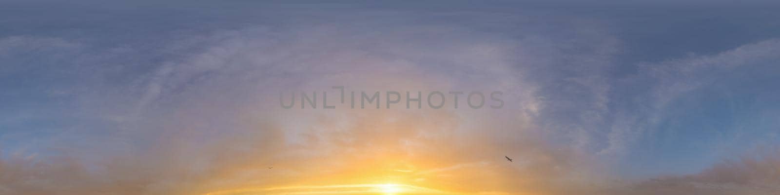 Sky panorama with Cirrus clouds in Seamless spherical equirectangular format. Full zenith for use in 3D graphics, game and editing aerial drone 360 degree panoramas for sky replacement