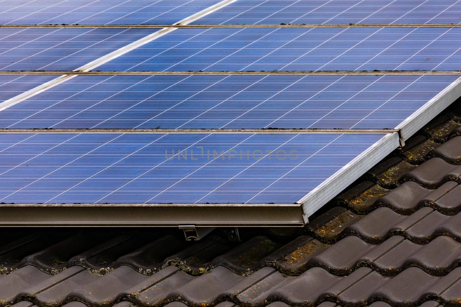 Solar panels on the private roof convert sunlight directly into electrical energy via photovoltaic cells