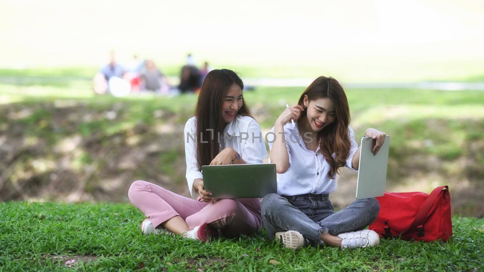 Two cheerful young women sitting on grass in the park and working with computer laptop. by prathanchorruangsak