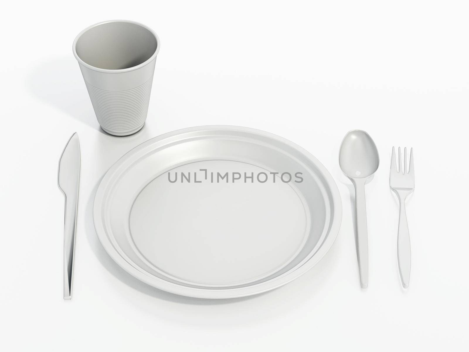 Set of plastic dishware isolated on white background. 3D illustration by Simsek