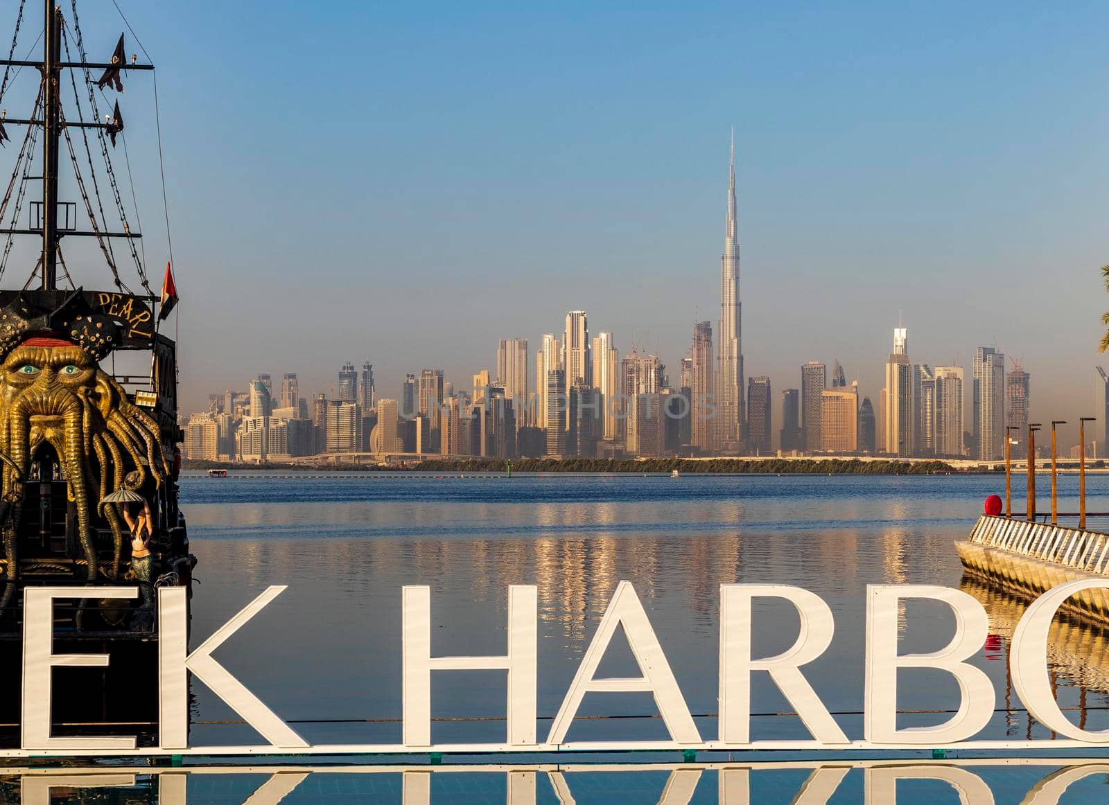 Dubai, UAE - 02.11.2022 - Replica of Black pearl pirate ship, used as a floating restaurant and docked in Dubai creek harbor.