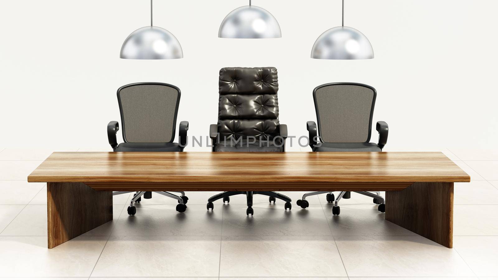 Boardroom table and chairs isolated on white background. 3D illustration by Simsek