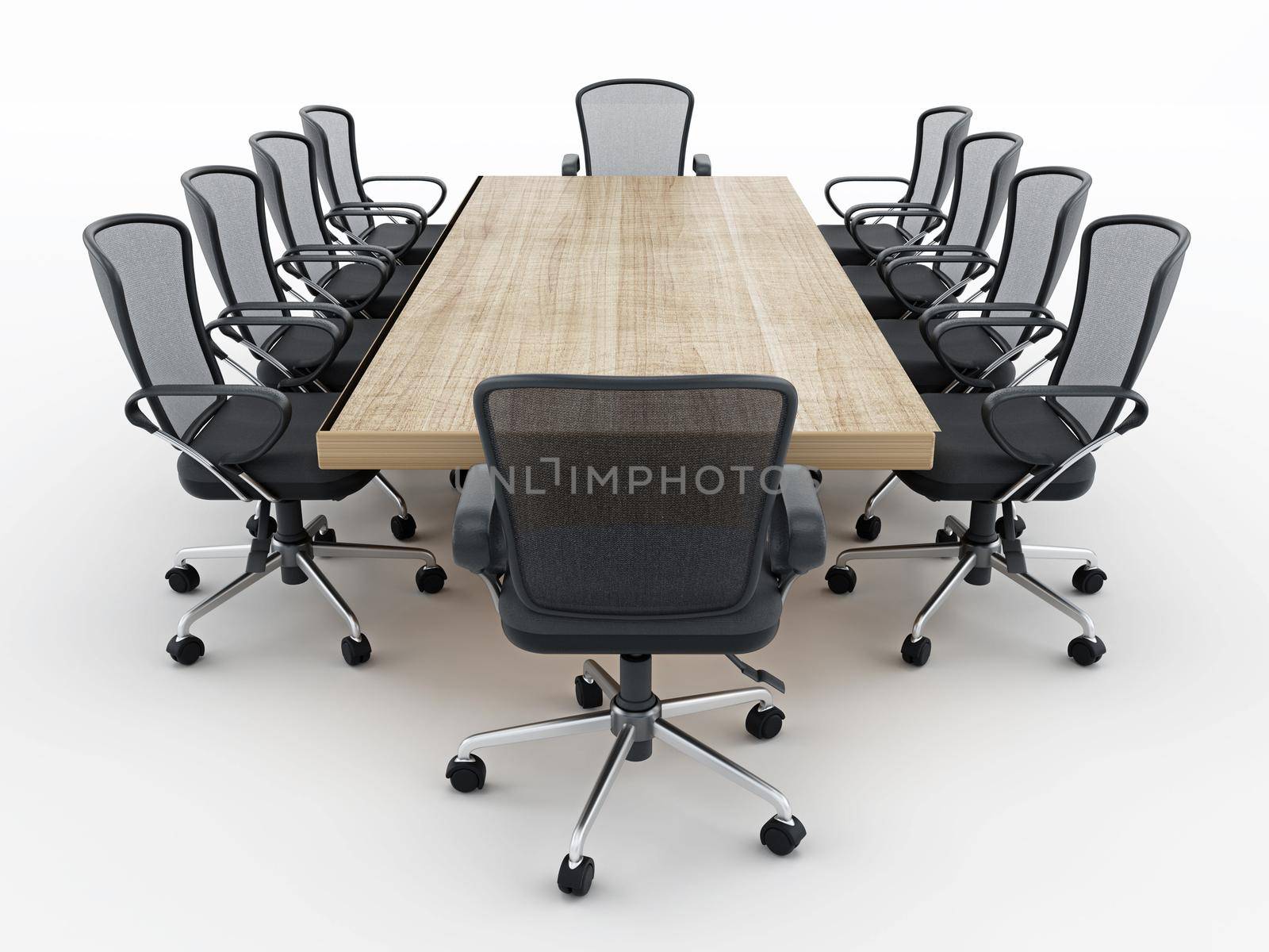 Boardroom table and chairs isolated on white background. 3D illustration by Simsek