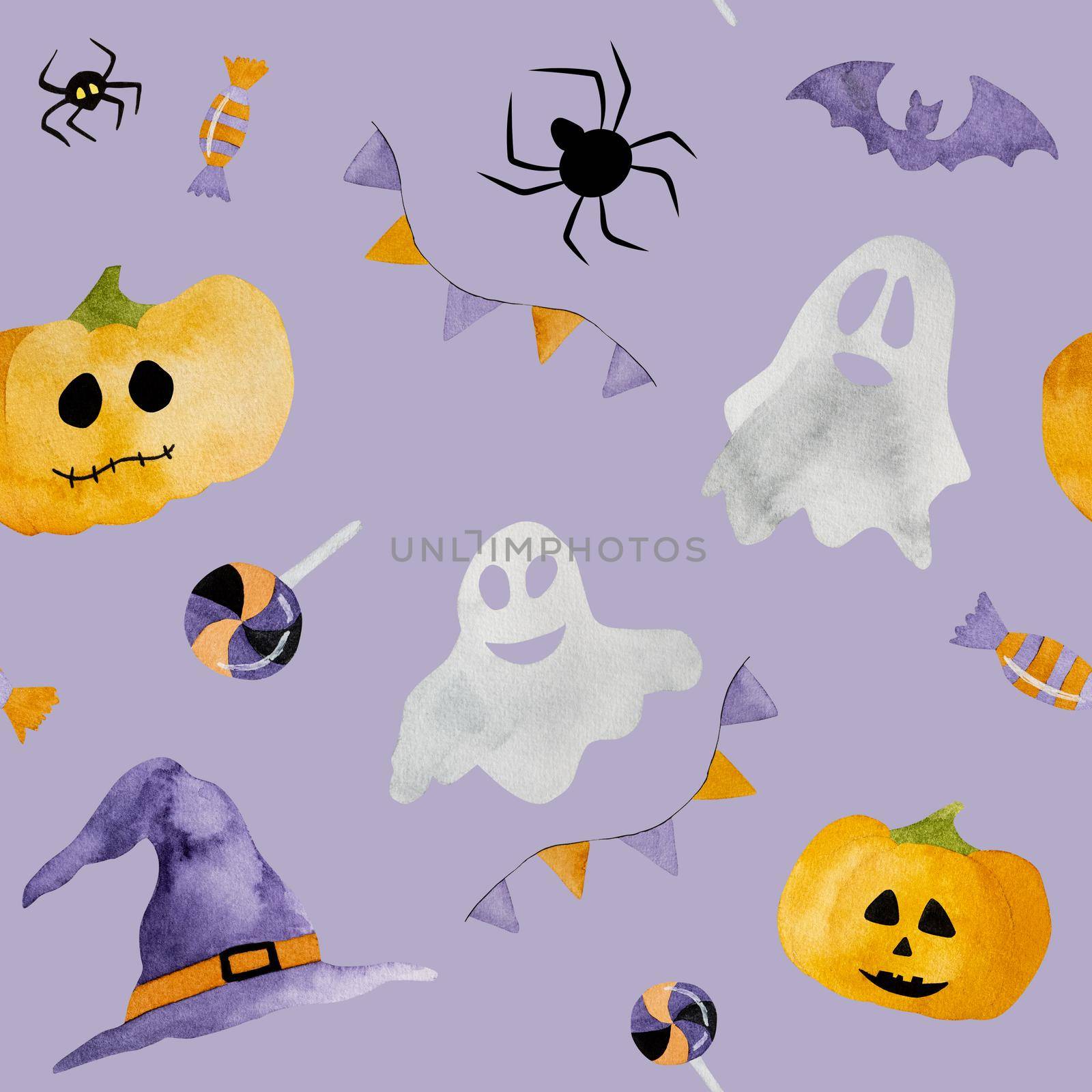 Halloween watercolor illustration wih ghosts, bats and pumpkins. Autumn october scary holiday decoration with spiders and witch hats