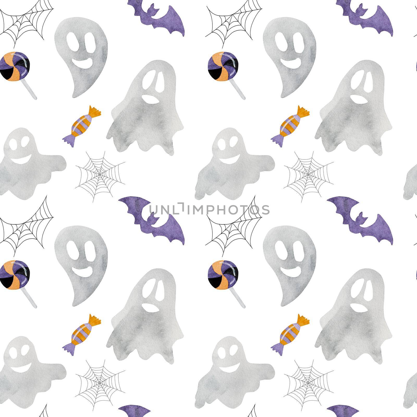 Halloween watercolor seamless pattern wih ghosts and bats on white background. Autumn october scary holiday decoration