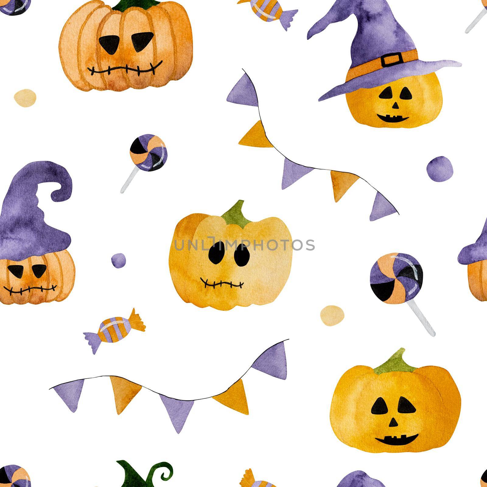 Halloween watercolor pumpkin with hats illustration for funny holiday decoration. Autumn scary vegetables illustration for postcards