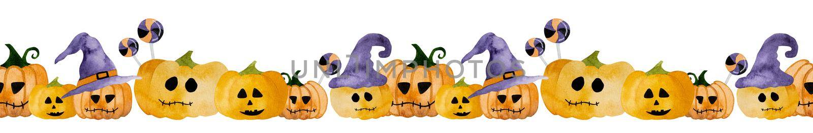 Halloween watercolor cute pumpkin illustration for funny holiday horizontal postcard. Autumn scary vegetables illustration for creepy decoration