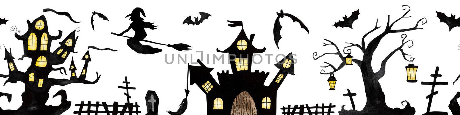 Halloween watercolor illustration with witch, tree house and bats silhouette seamless pattern. October autumn holiday of mystery