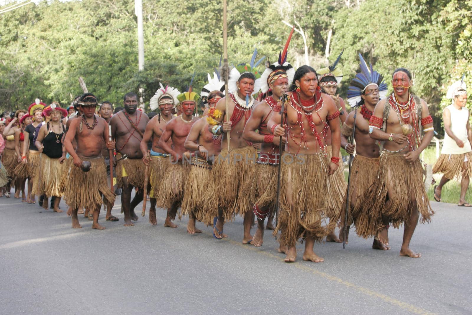 porto seguro, bahia, brazil - august 6, 2009: Indigenous people of ethnic Pataxo are seen during a protest on the BR 367 highway in the city of Porto Seguro.