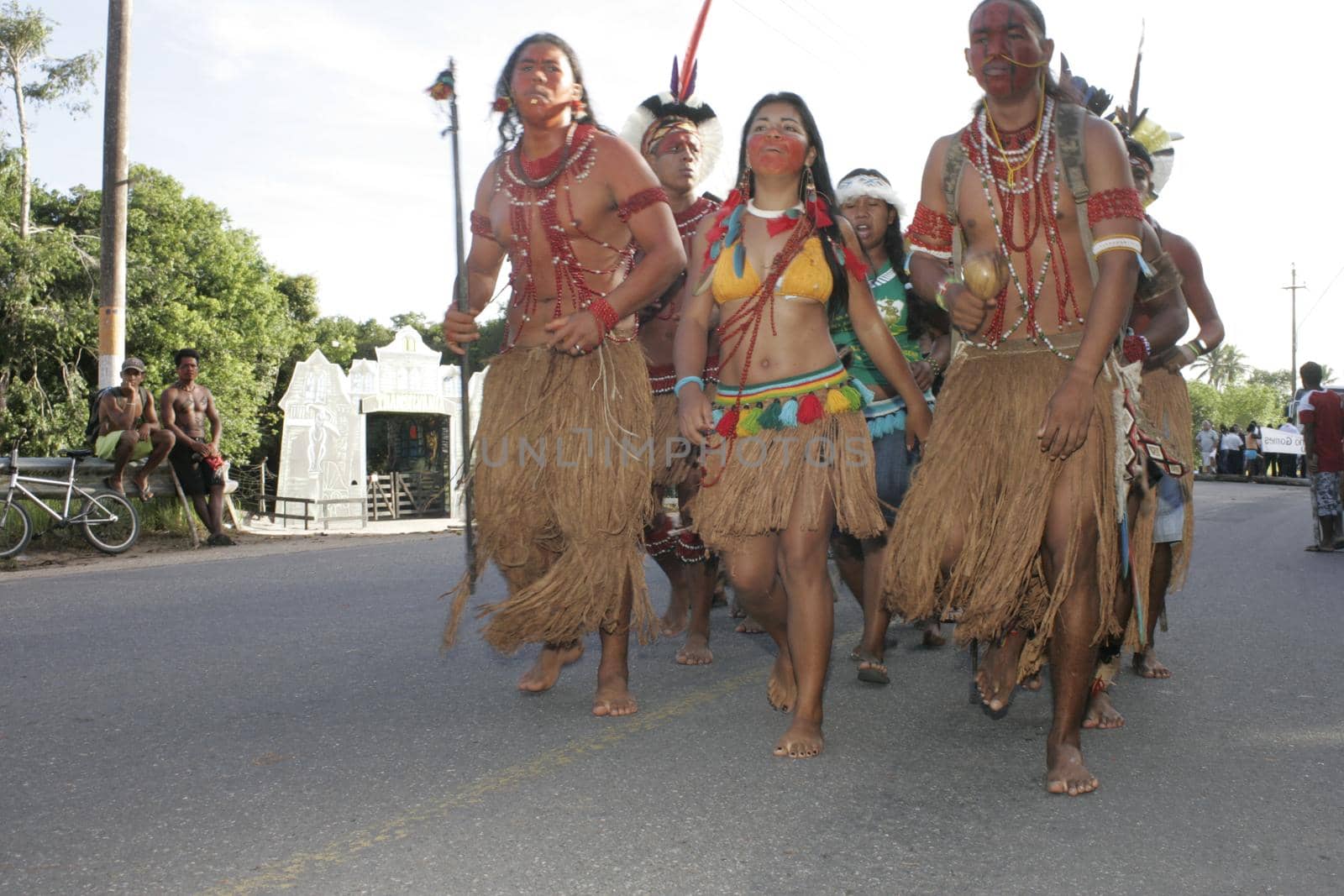 porto seguro, bahia, brazil - august 6, 2009: Indigenous people of ethnic Pataxo are seen during a protest on the BR 367 highway in the city of Porto Seguro.