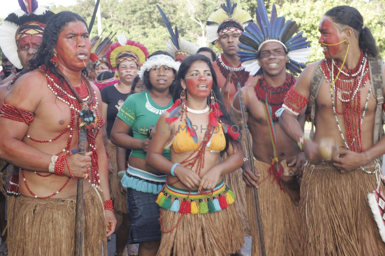 porto seguro, bahia, brazil - august 6, 2009: Indigenous people of ethnic Pataxo are seen during a protest on the BR 367 highway in the city of Porto Seguro.