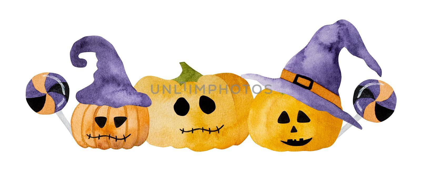 Halloween watercolor pumpkin illustration for funny holiday postcard. Autumn scary vegetables illustration for decoration