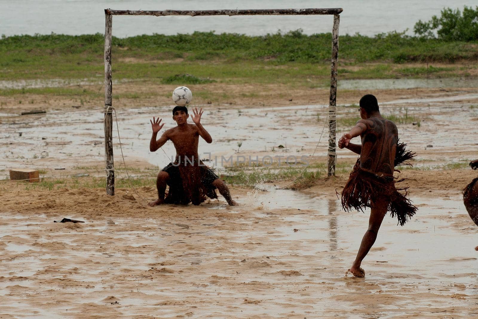 santa cruz cabralia, bahia / brazil - april 20, 2009: indians of the Pataxo ethnicity are seen during a soccer match at indigenous games in the Coroa Vermelha village in the city of Santa Cruz Cabralia.