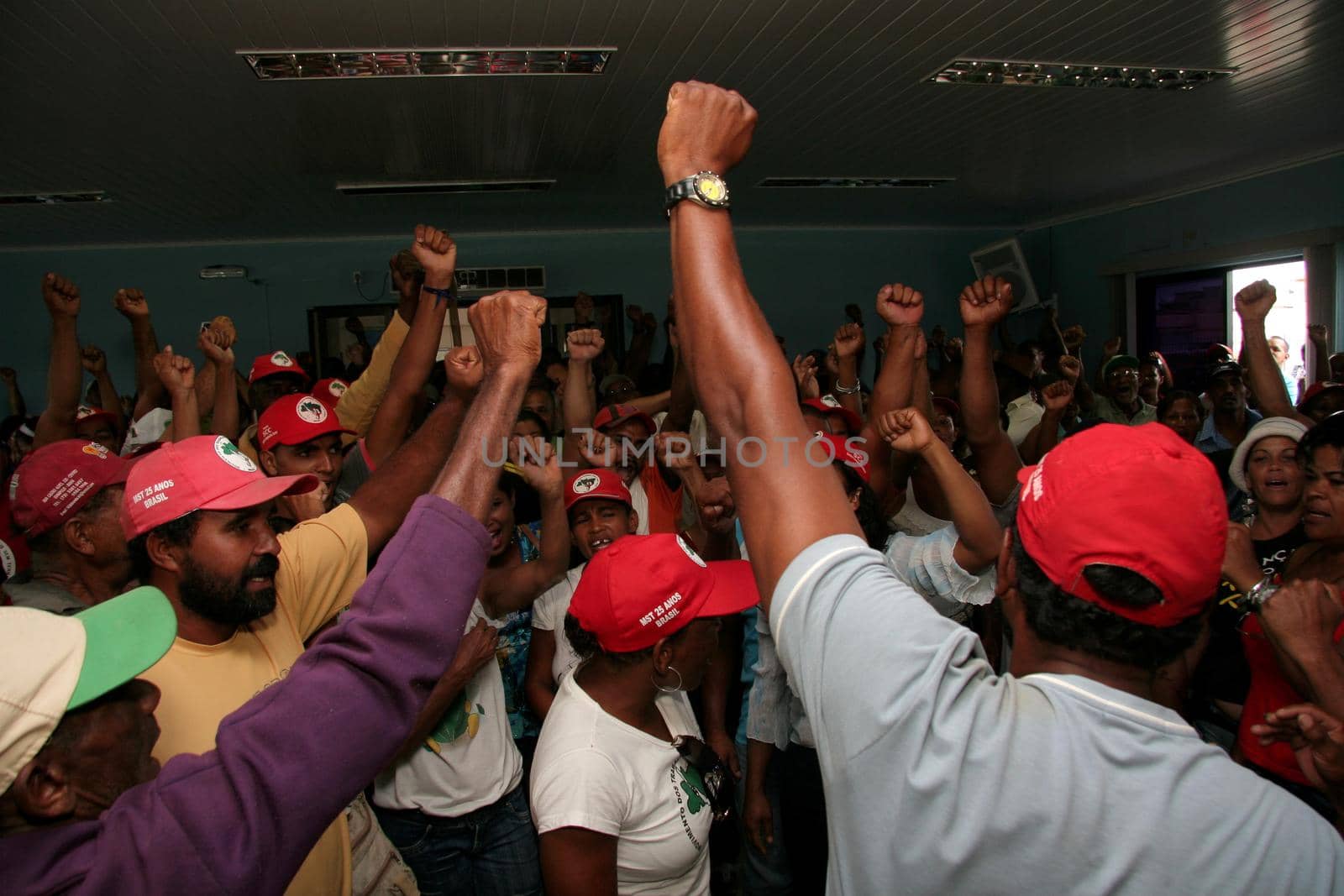 prado, bahia, brazil - april 23, 2009: a member of the Movimento Sem Terra - MST - are seen during a portesto at the city hall of the city of Prado, in the south of Bahia.