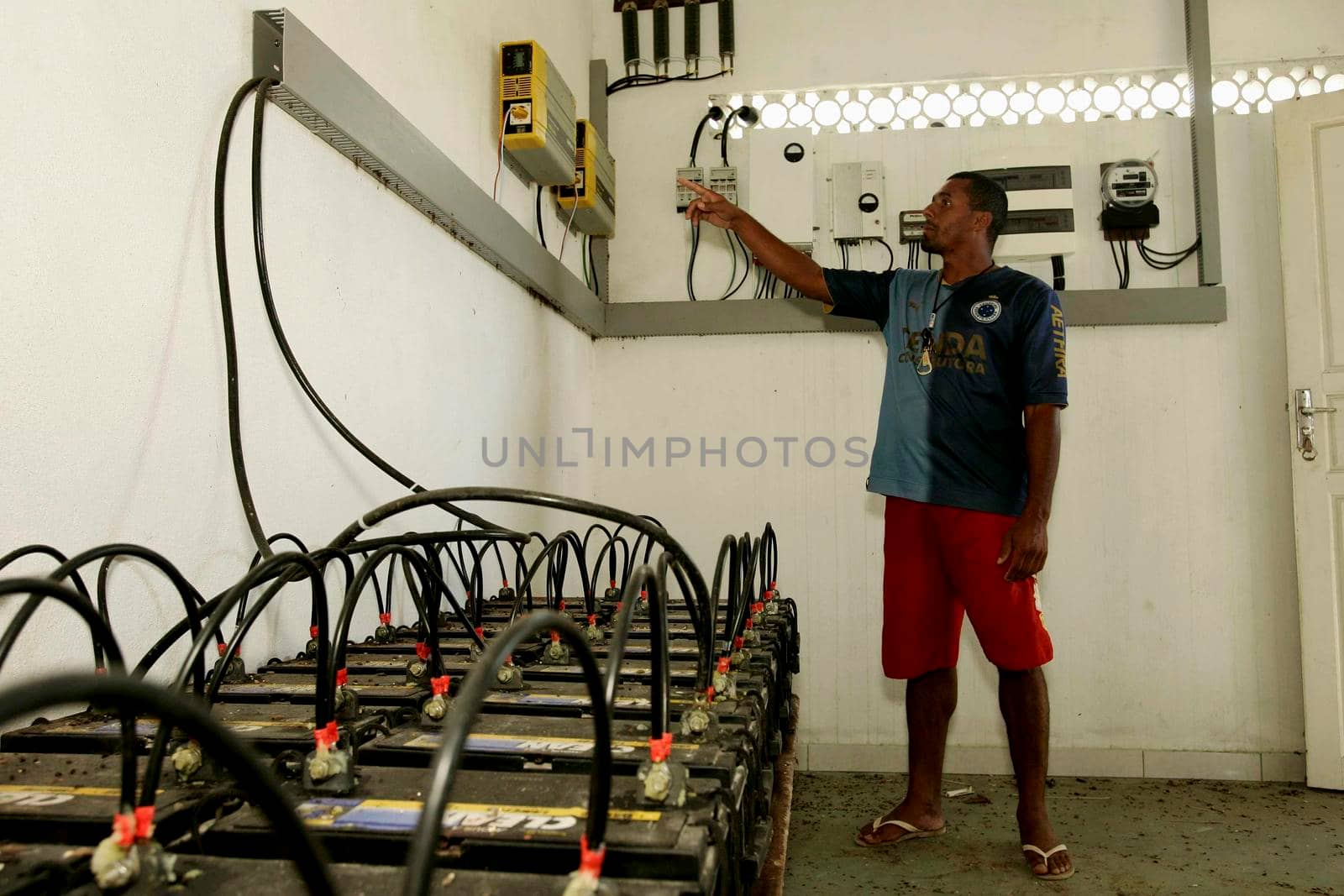 nova vicosa, bahia / brazil - february 15, 2009: battery for the conservation of electricity are seen in a power generation project in the community of Cassumba Island, in Nova Vicosa.