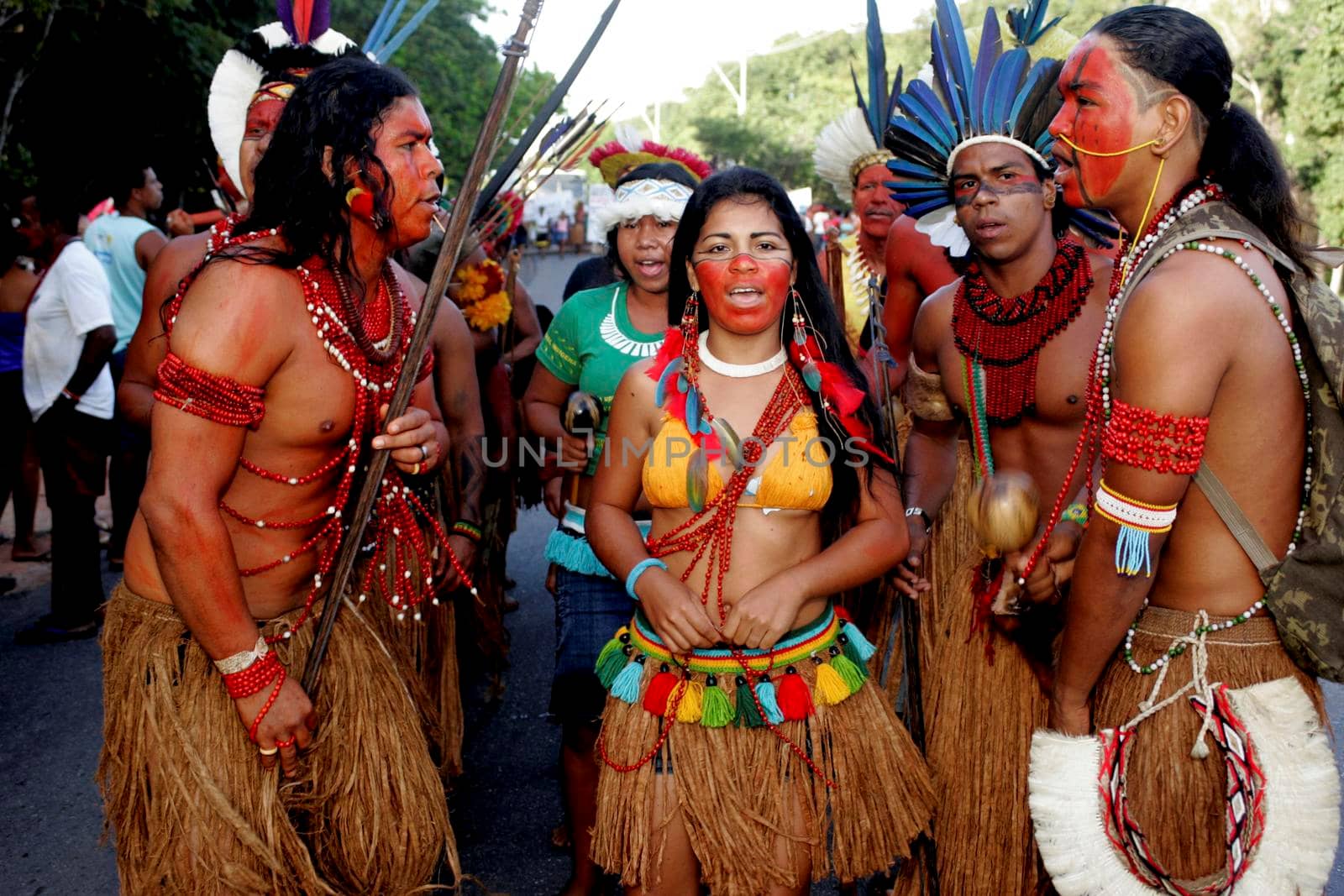 porto seguro, bahia / brazil - april 17, 2010: Pataxo Indians are seen during a protest on the BR 367 highway in the city of Porto Seguro, in southern Bahia.