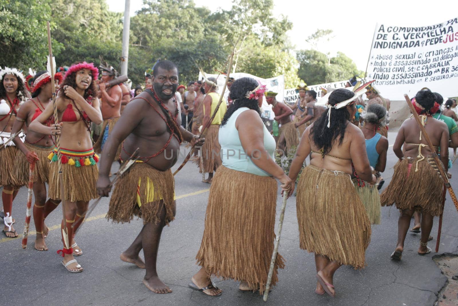 porto seguro, bahia, brazil - august 6, 2009: Indigenous people of ethnic Pataxo are seen during a protest on the BR 367 highway in the city of Porto Seguro.