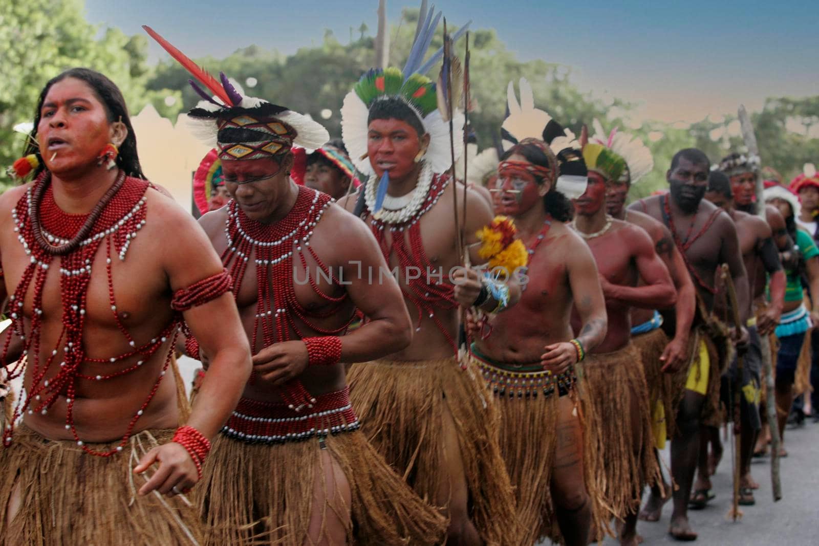 porto seguro, bahia, brazil - august 6, 2009: Indigenous people of ethnic Pataxo are seen during a protest on the BR 367 highway in the city of Porto Seguro.