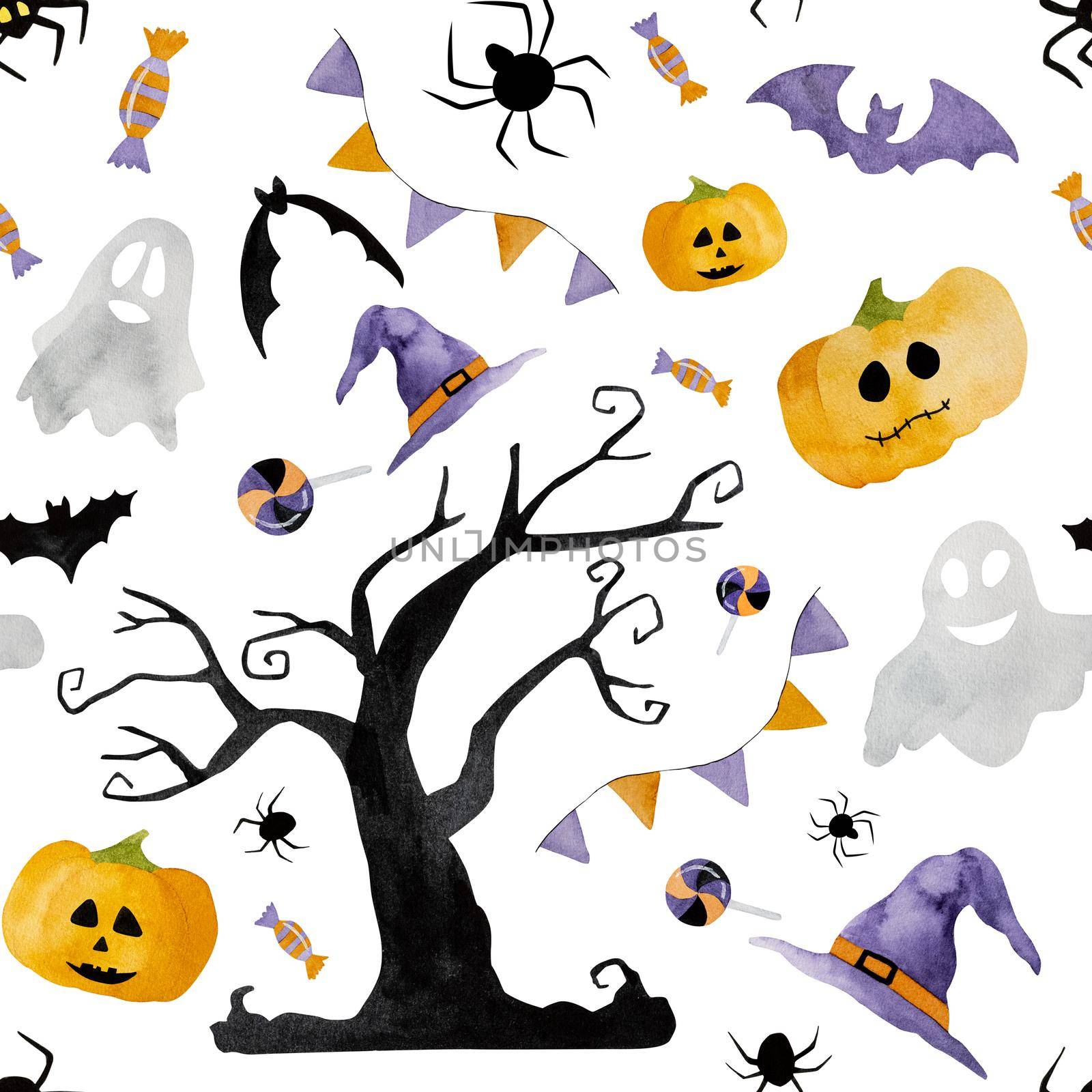 Halloween watercolor illustration wih ghosts, bats and pumpkins. Autumn october scary holiday decoration with spiders, witch hats and dark tree