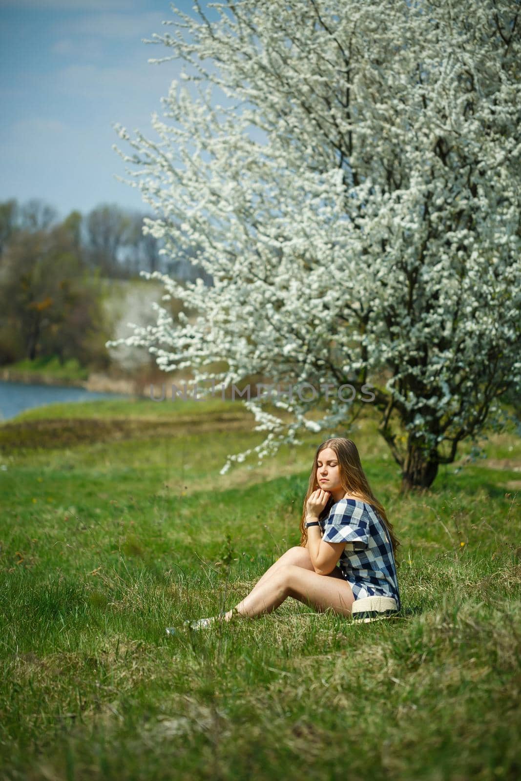 beautiful girl in a dress walking in the spring forest where the trees bloom