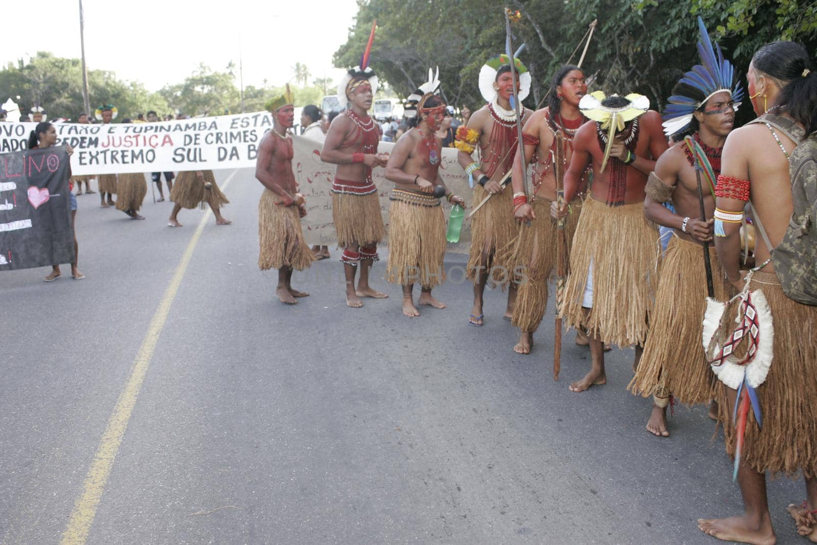 porto seguro, bahia, brazil - august 6, 2009: Indigenous people of ethnic Pataxo are seen during a protest on the BR 367 highway in the city of Porto Seguro.