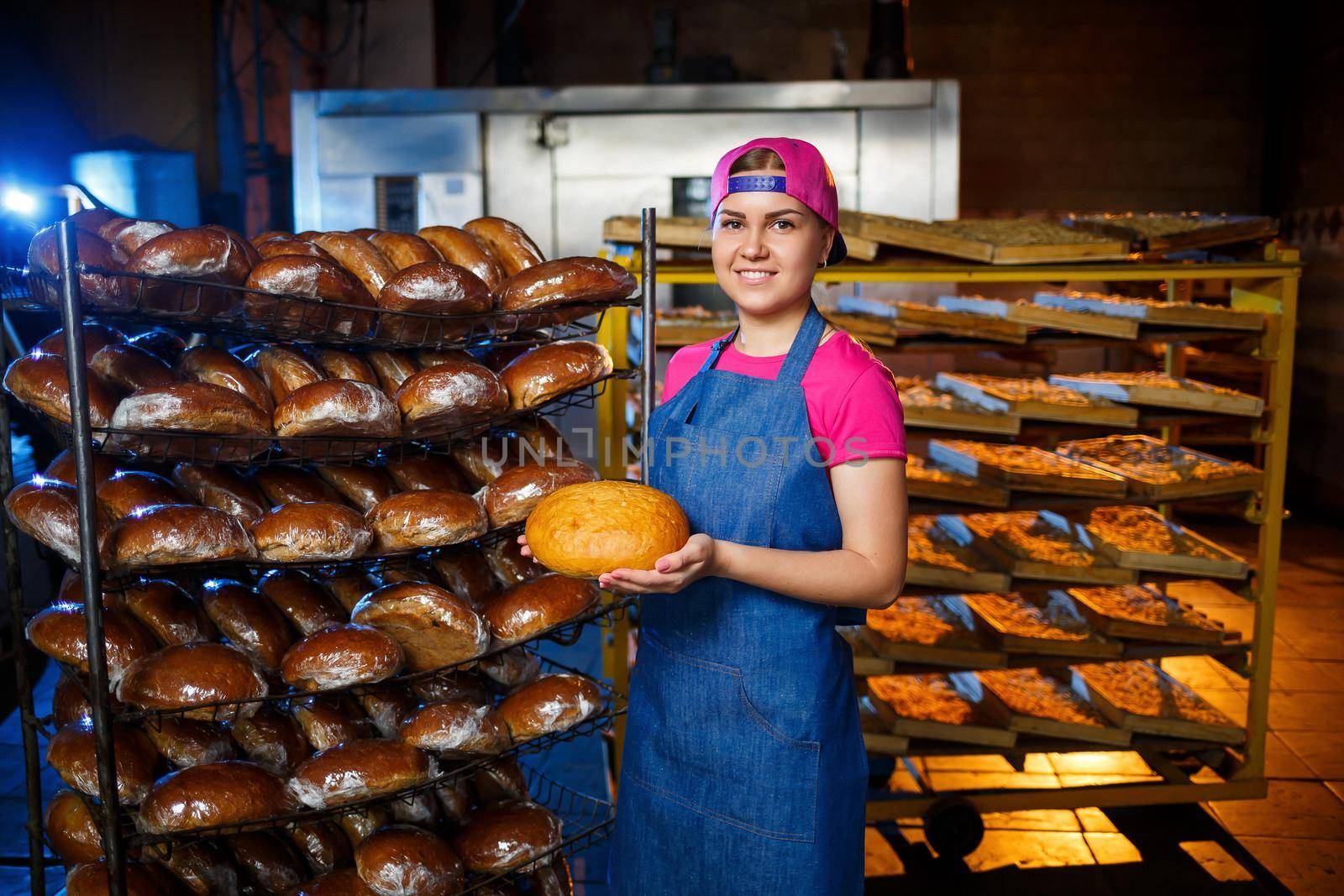 Professional baker - a young, pretty woman in a jeans apron holds fresh bread against the background of a bakery or bakery. Bakery products. Bread production