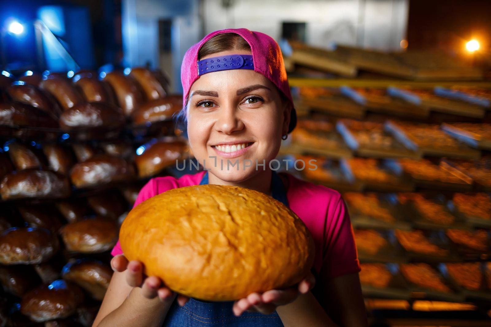 The stage of baking in a bakery. Portrait of a baker girl with bread in her hands against the background of shelving in a bakery. Hands of a baker with bread. Industrial bread production