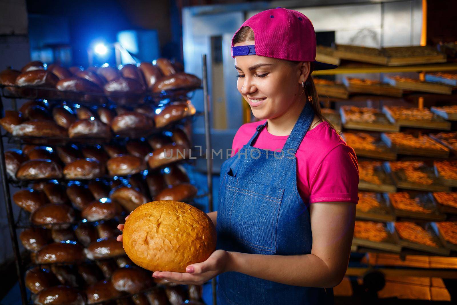 The stage of baking in a bakery. Portrait of a baker girl with bread in her hands against the background of shelving in a bakery. Hands of a baker with bread. Industrial bread production