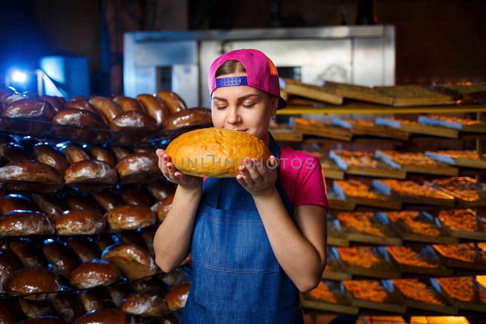 Portrait of a baker girl with bread in her hands on the background of shelves in a bakery. Baker's hands with bread. Industrial production of bread