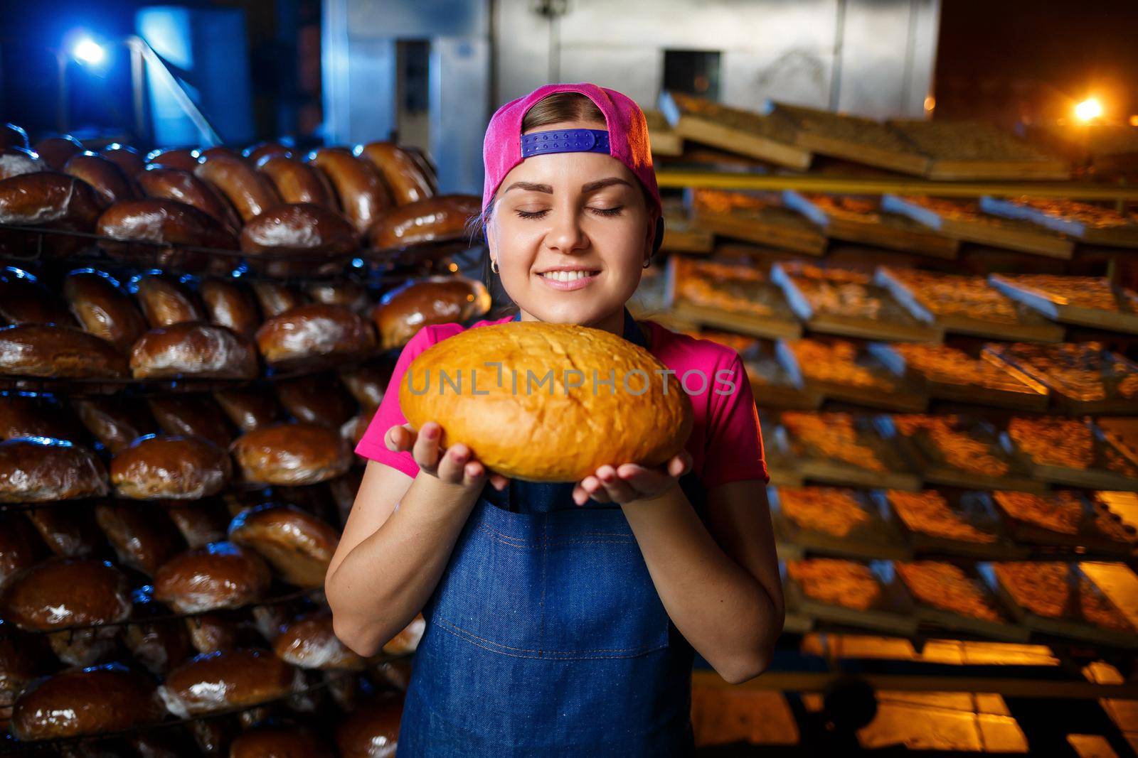The stage of baking in a bakery. Portrait of a baker girl with bread in her hands against the background of shelving in a bakery. Hands of a baker with bread. Industrial bread production