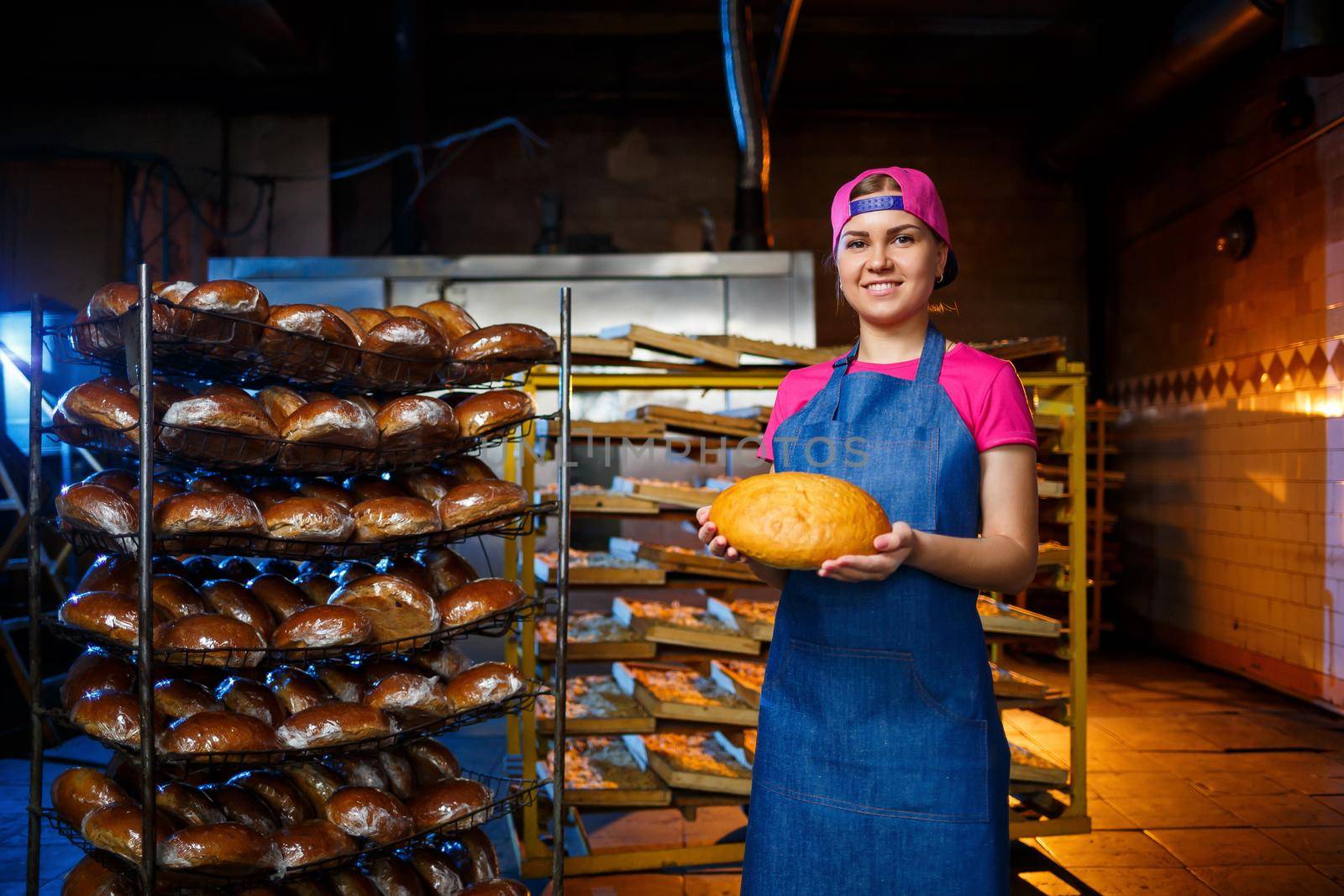 Professional baker - a young, pretty woman in a jeans apron holds fresh bread against the background of a bakery or bakery. Bakery products. Bread production