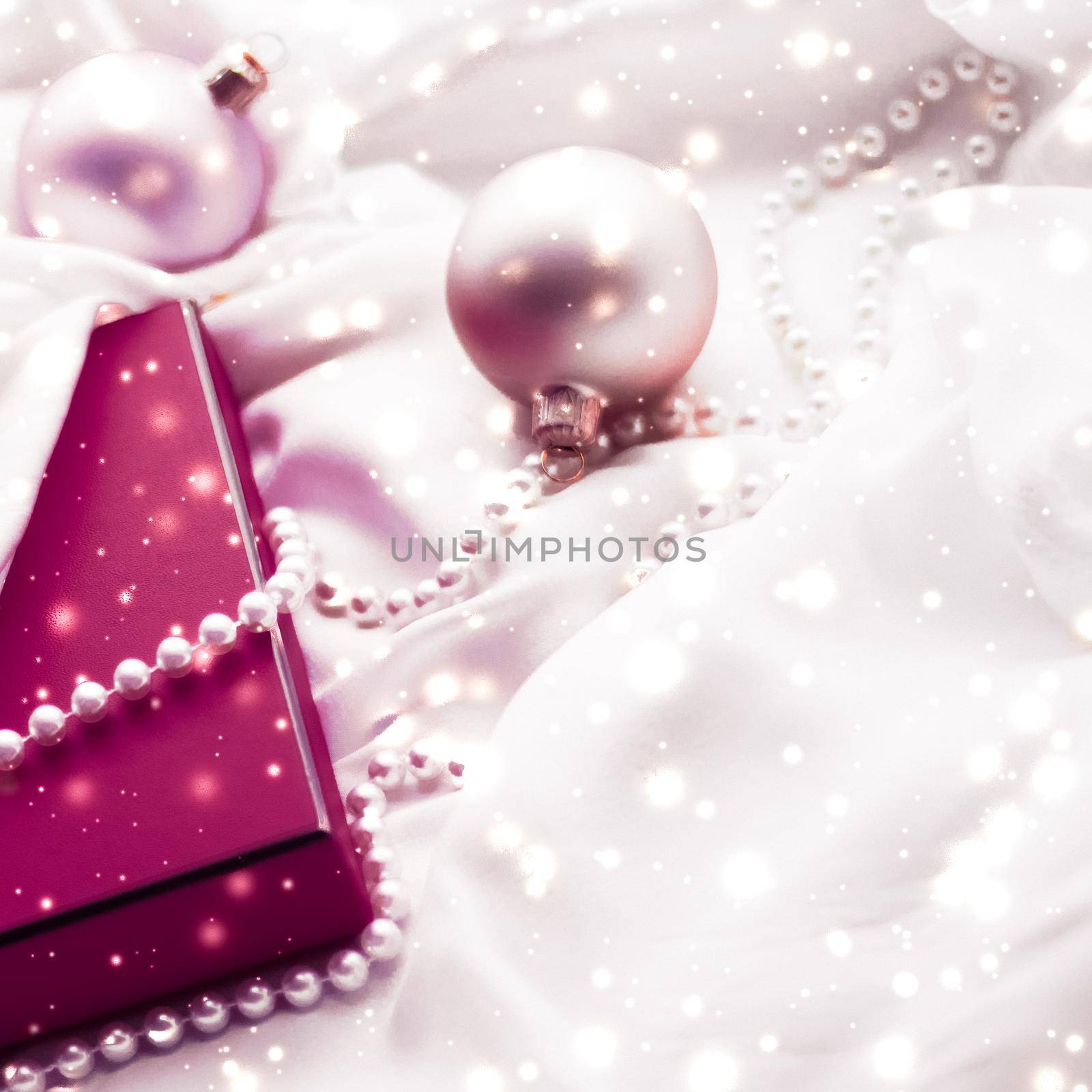 Holidays branding, glamour and decoration concept - Christmas magic holiday background, festive baubles, maroon vintage gift box and golden glitter as winter season present for luxury brand design